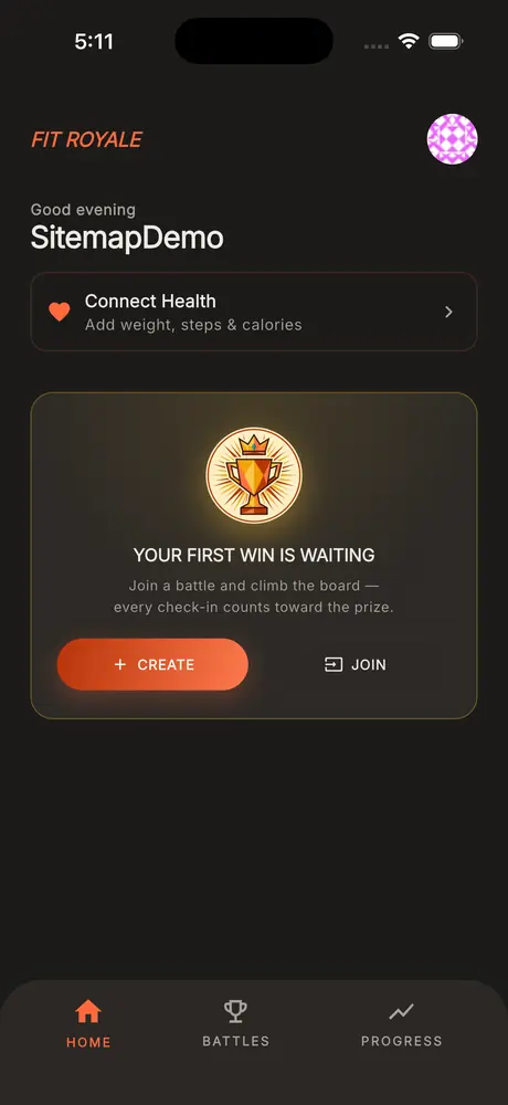 Home screen with active battles